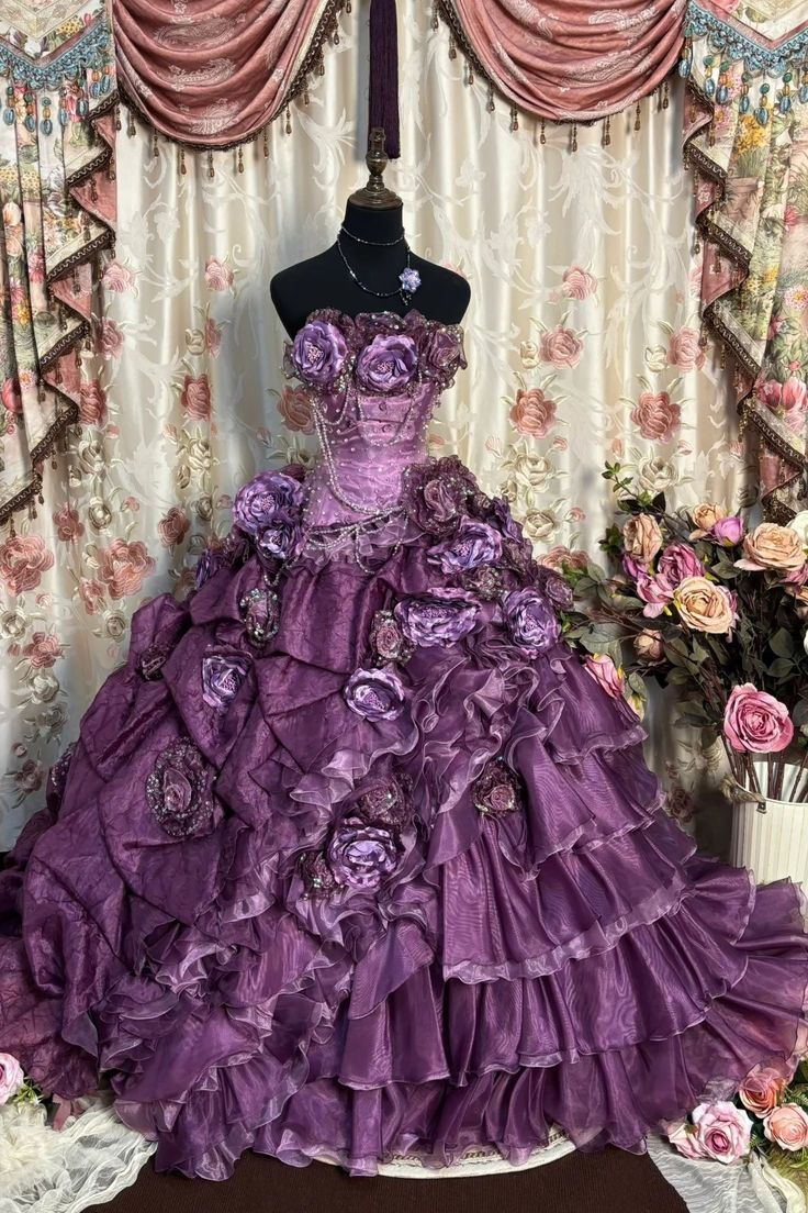 Retro Purple Strapless Satin Tulle Pleated Quinceanera Dress Sweet 16 Dress With 3D Flowers SP663