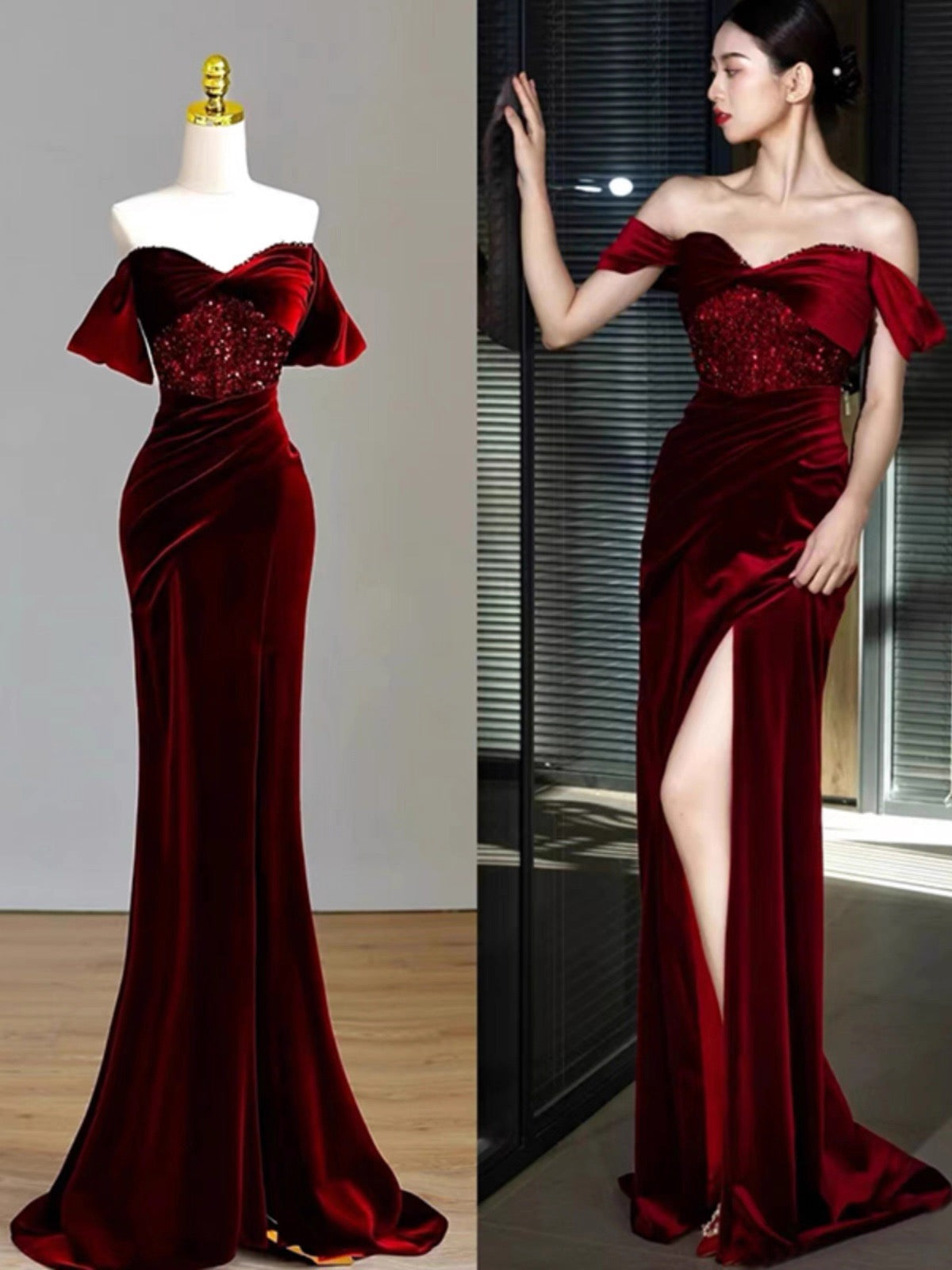 Charming Burgundy Velvet Mermaid Prom Dress Y6602