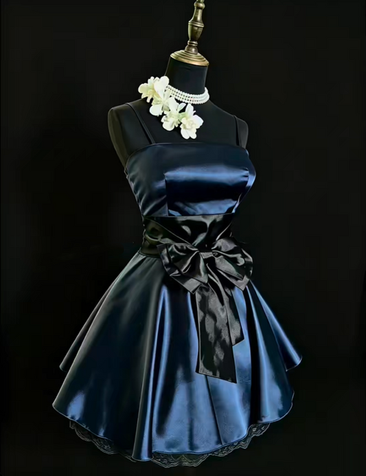 Vintage Spaghetti Straps Navy Blue Satin Lace A Line Short 6th Grade Homecoming Dress,Formal Birthday Outfits With Bow SP2770