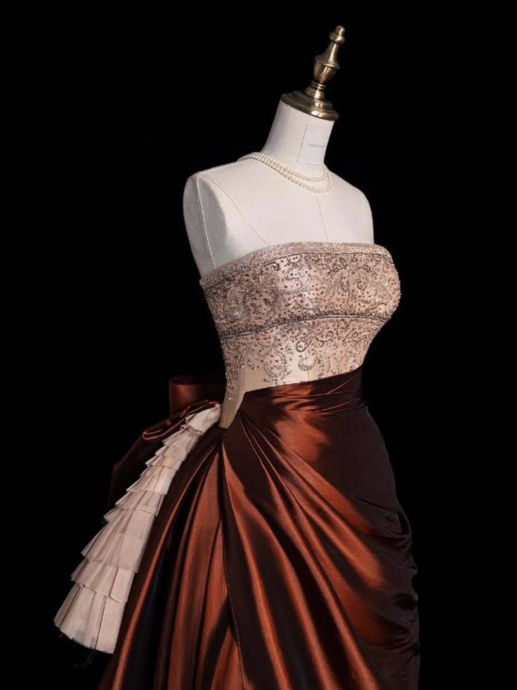 Vintage Strapless Satin Beaded A Line Evening Dress Prom Gown Y8795