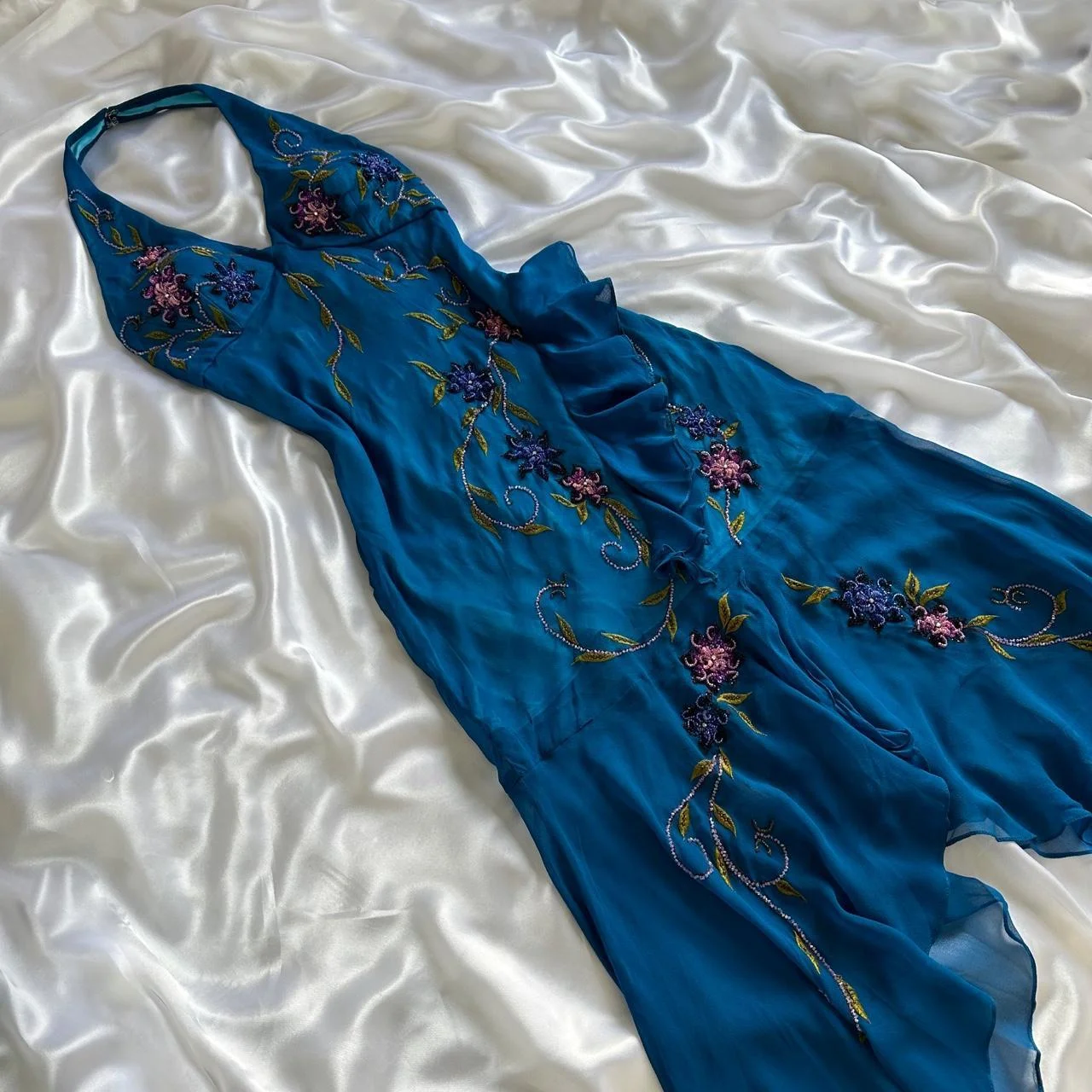 Pretty Halter Blue Chiffon Ruffle Mermaid Evening Dress Long Party Gown Y9745