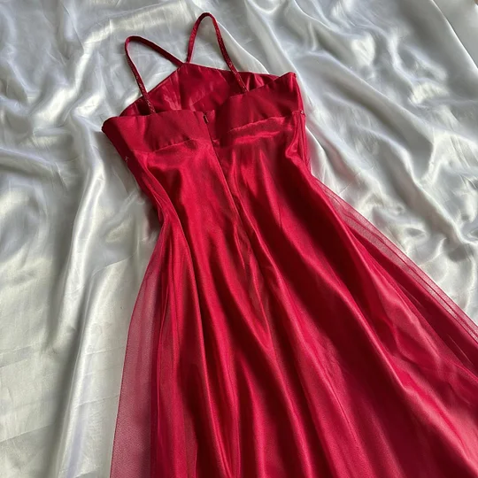 Beautiful Red Satin Tulle Beaded A Line Long Birthday Party Dress Evening Gown Y9746