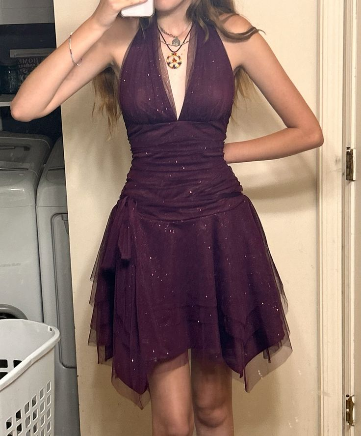 Vintage Purple Tulle Sequin Cocktail Dress Sexy Deep V Homecoming Dress Y8922