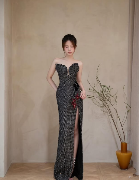 Elegant Black Strapless Slit Mermaid Prom Dress Sequin Beaded Long Evening Dress Y8542