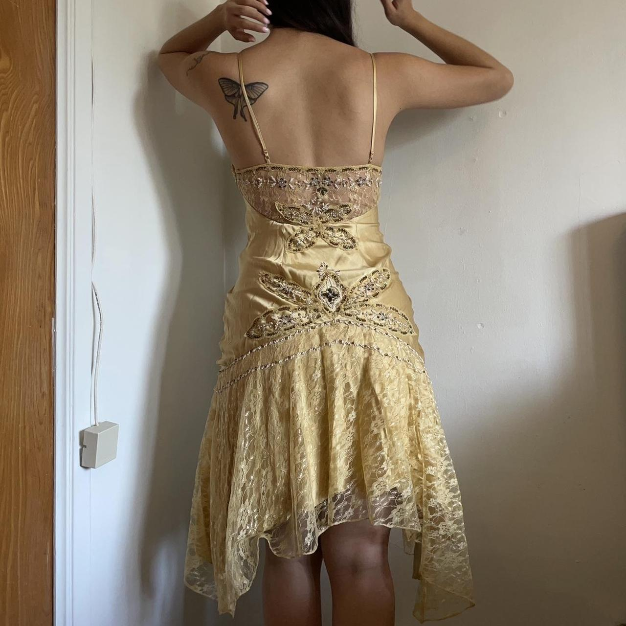 Vintage Gold Satin Lace Beaded Homecoming Dress Spaghetti Straps Mini Cocktail Dress Y8956