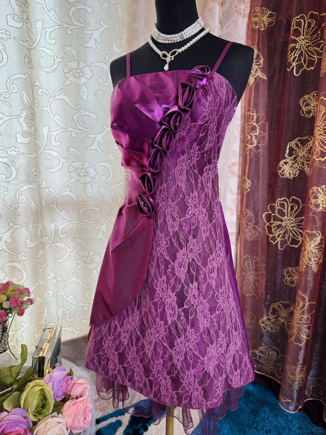 Vintage Spaghetti Straps Purple Satin Lace Short Homecoming Dress Birthday Dress SP85