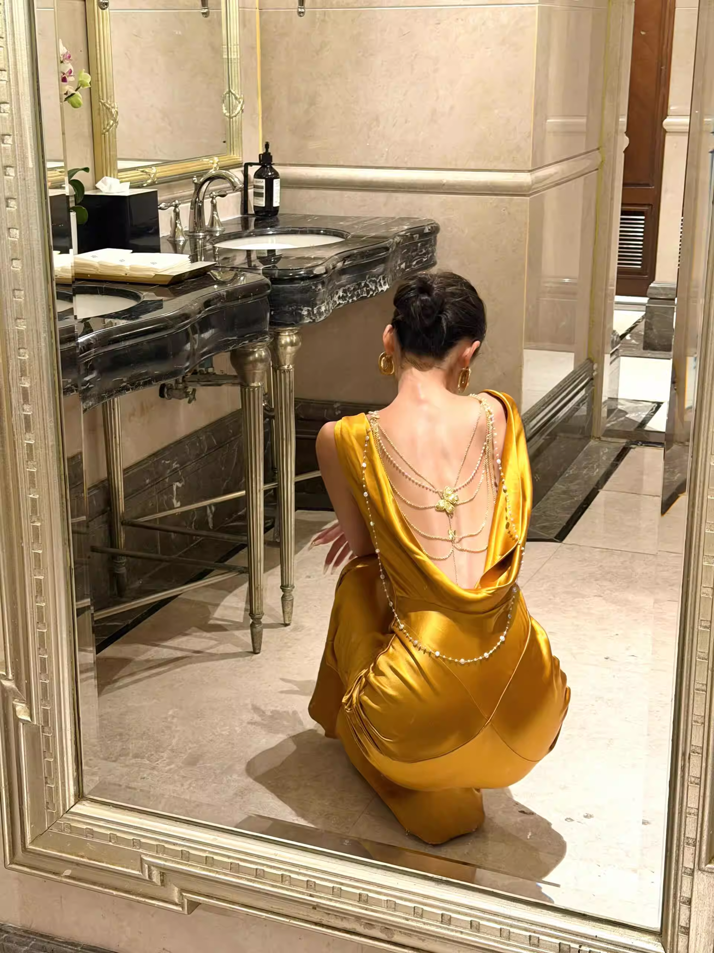 Stylish Gold Satin Mermaid Backless Long Evening Dress Formal 20th Birthday Outfits SP2030