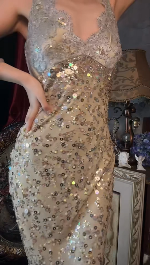 Sparkly V Neck Sequin Lace Mermaid Long Party Dress Birthday Prom Dresses SP1251