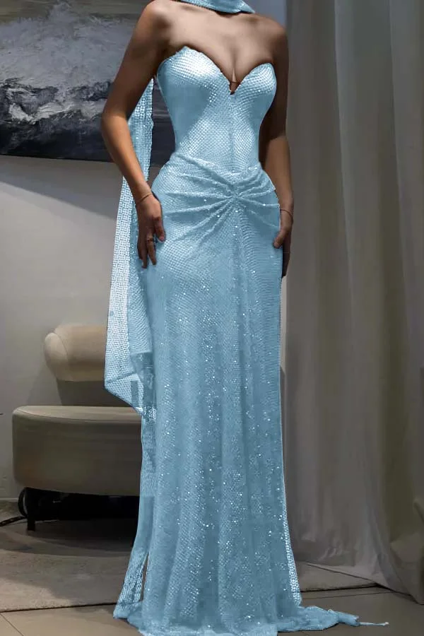 Elegant Royal Blue Tulle Sequin Strapless Mermaid Prom Dress Evening Gown With Ribbon Y9499