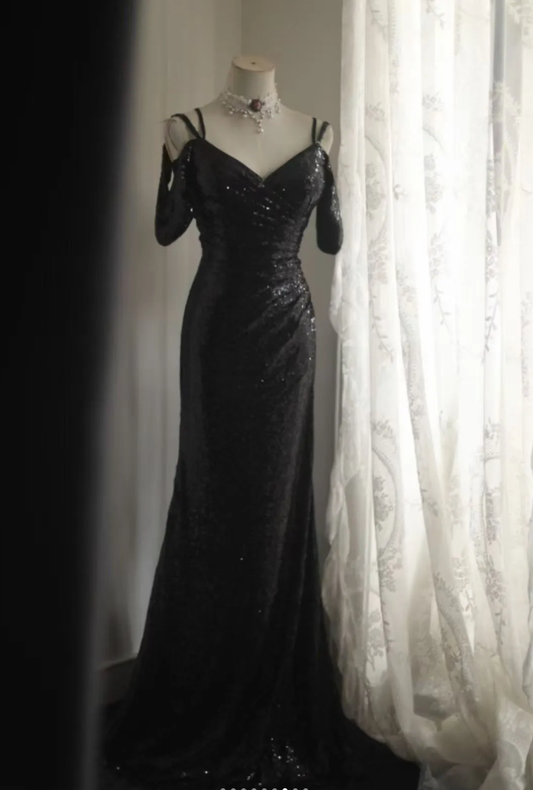 Sparkly Spaghetti Straps Black Sequin Mermaid Long Wedding Guest Dress Evening Gown SP1173