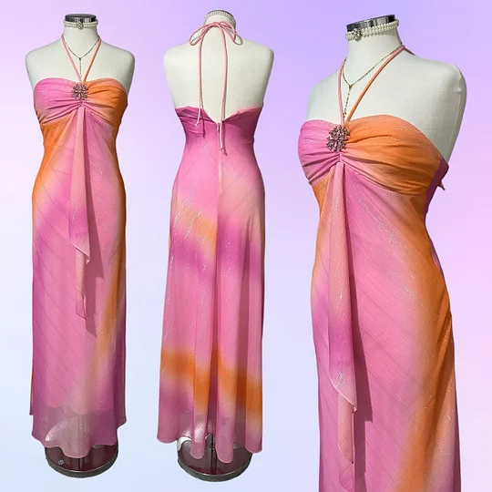 Pretty Colorful Ombre Chiffon Halter Long Party Gown Formal Evening Dress Y9768