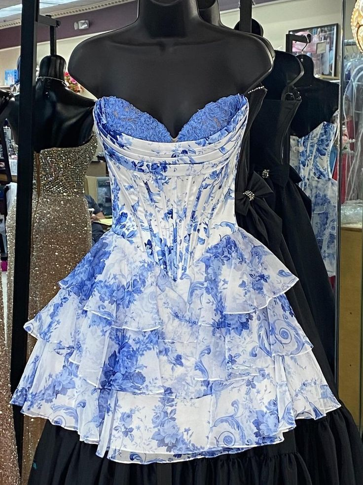 Elegant A Line Sweetheart Blue Chiffon Floral Ruffle Homecoming Dress Short 18th Birthday Outfits Y9357
