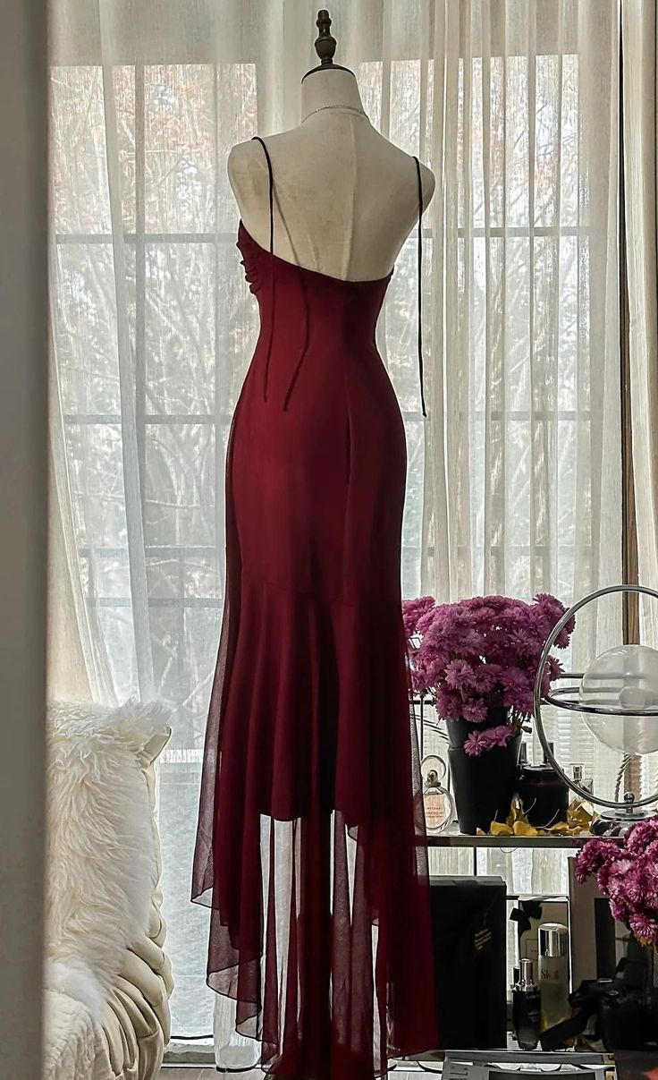 Sexy Burgundy Mermaid Chiffon Prom Dress Strapless Graduation Party Dress Y8783