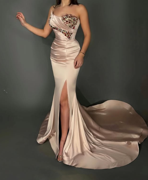 Gorgeous Strapless Satin Beaded Mermaid Slit Evening Dress,Long Prom Dress Y8533