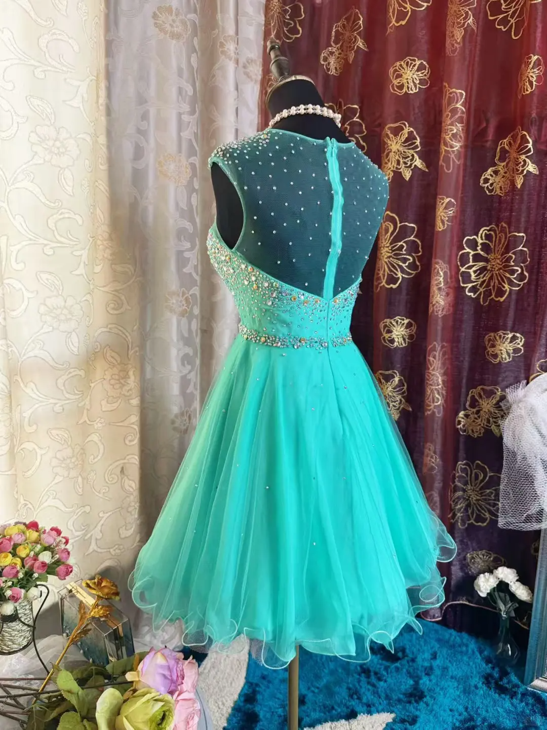 Gorgeous Green Tulle Beaded A Line Short Homecoming Dress Formal Birthday Outfits Y9471