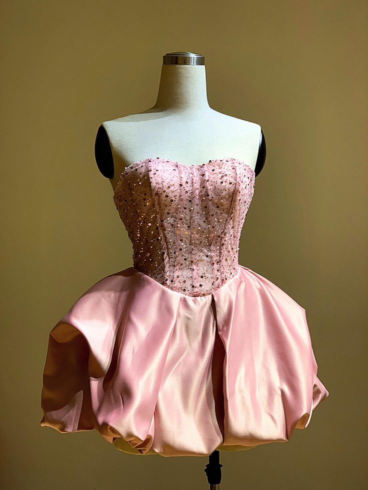 Pretty Strapless Hot Pink Satin Sequin A Line Short 20th Birthday Outfits Homecoming Dress SP180
