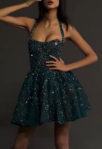 Vintage Halter Green Tulle Beaded ALine Formal Homecoming Dress Cocktail Dress Y9358