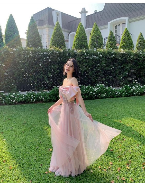 Pink Off The Shoulder Prom Dress,Pink Senior Prom Dress Y5875
