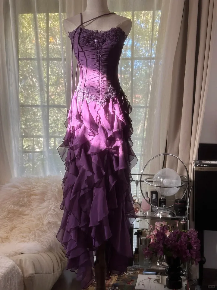 Pretty Purple Chiffon Evening Dresses, Vintage Appliques Tiered Ruffles Long Party Dress Y8697