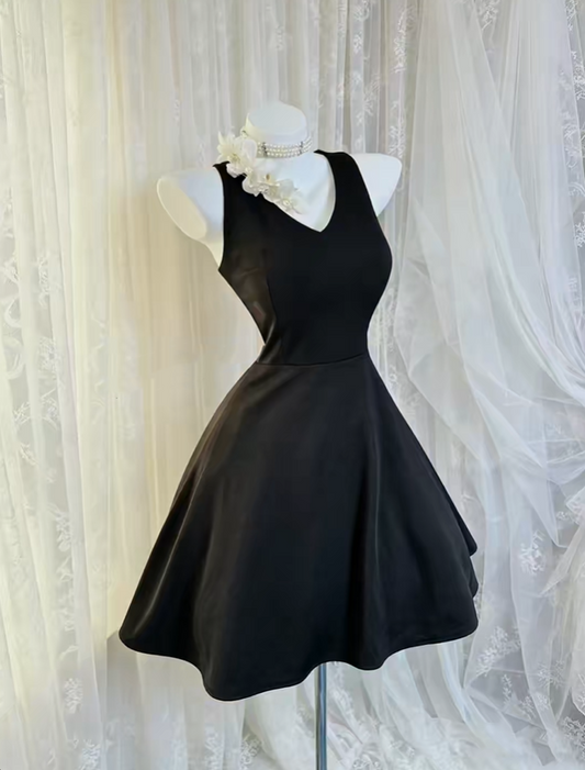 Sexy Black V Neck Satin A Line Short Graduation Homecoming Dress Cocktail Dress SP2769