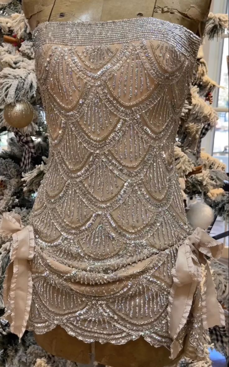 Vintage Silver Strapless Sequin Beaded Sheath Cocktail Dress Homecoming Dress Y8950
