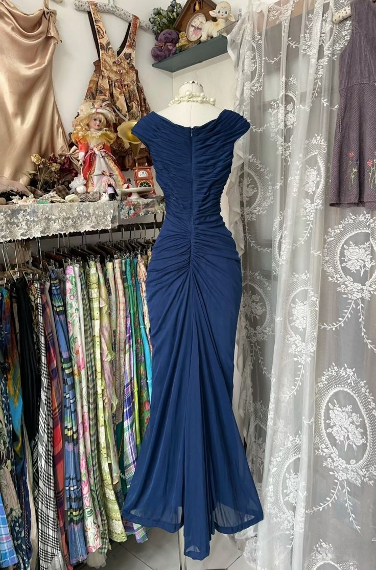Vintage Mermaid Navy Blue Pleated Floor Length Party Dress Prom Dress Y8760