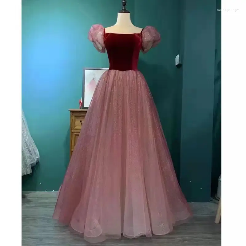 Purple Tulle Short Sleeve Formal Dress, Cute A-Line Evening Dress Y4291