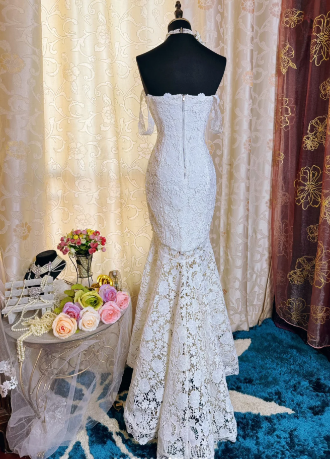 Elegant Spaghetti Straps White Lace Mermaid Long Party Dress Birthday Prom Dress SP1945