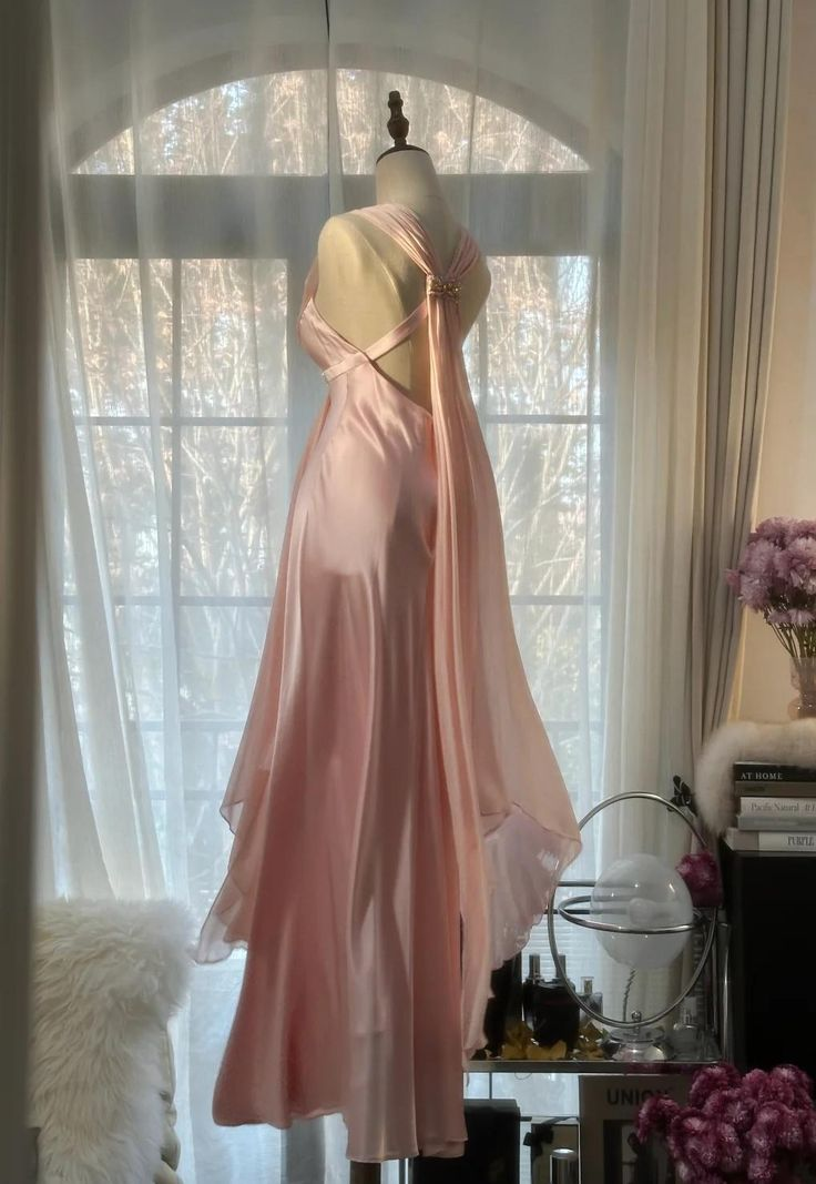 Simple Pink Deep V Satin Chiffon Backless Party Dress Evening Dress Y8742