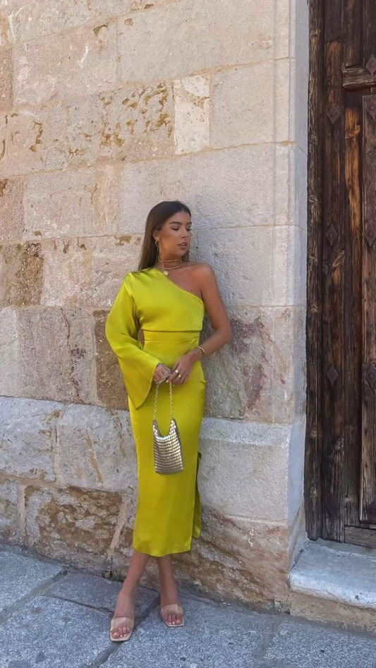One Shoulder Sexy Women Dress Summer Fashion Solid Yellow Batwing Long Sleeve Ladies Split Robe Femme Prom Dress Y5043