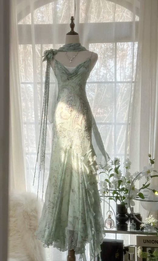 Elegant Spaghetti Straps Chiffon Beaded Evening Dress,Mermaid Prom Dress Y8363