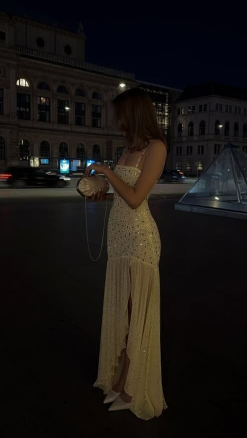 Stylish Spaghetti Straps Yellow Chiffon Sequin Beaded Mermaid Long Prom Dress Party Gown SP1094