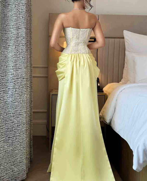 Pretty Strapless Yellow Satin Pleated Mermaid Birthday Outfit Long Party Dress SP645