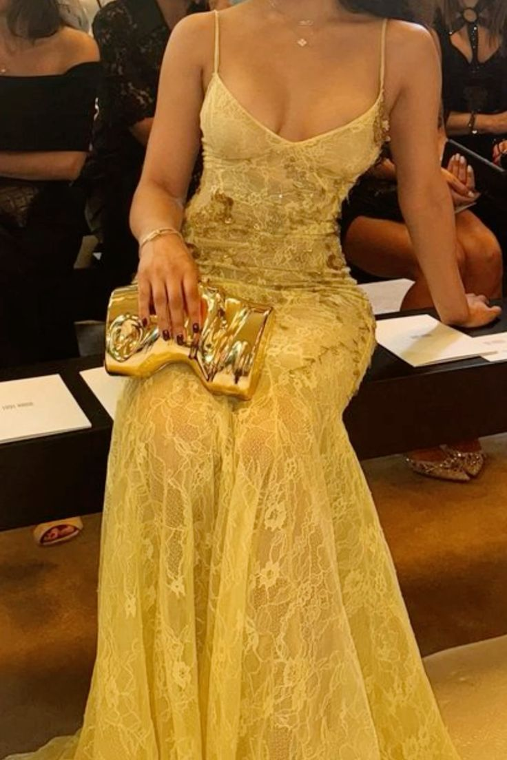 Vintage Spaghetti Straps Lace Appliques Evening Dress,Yellow Mermaid Prom Dress Y8736