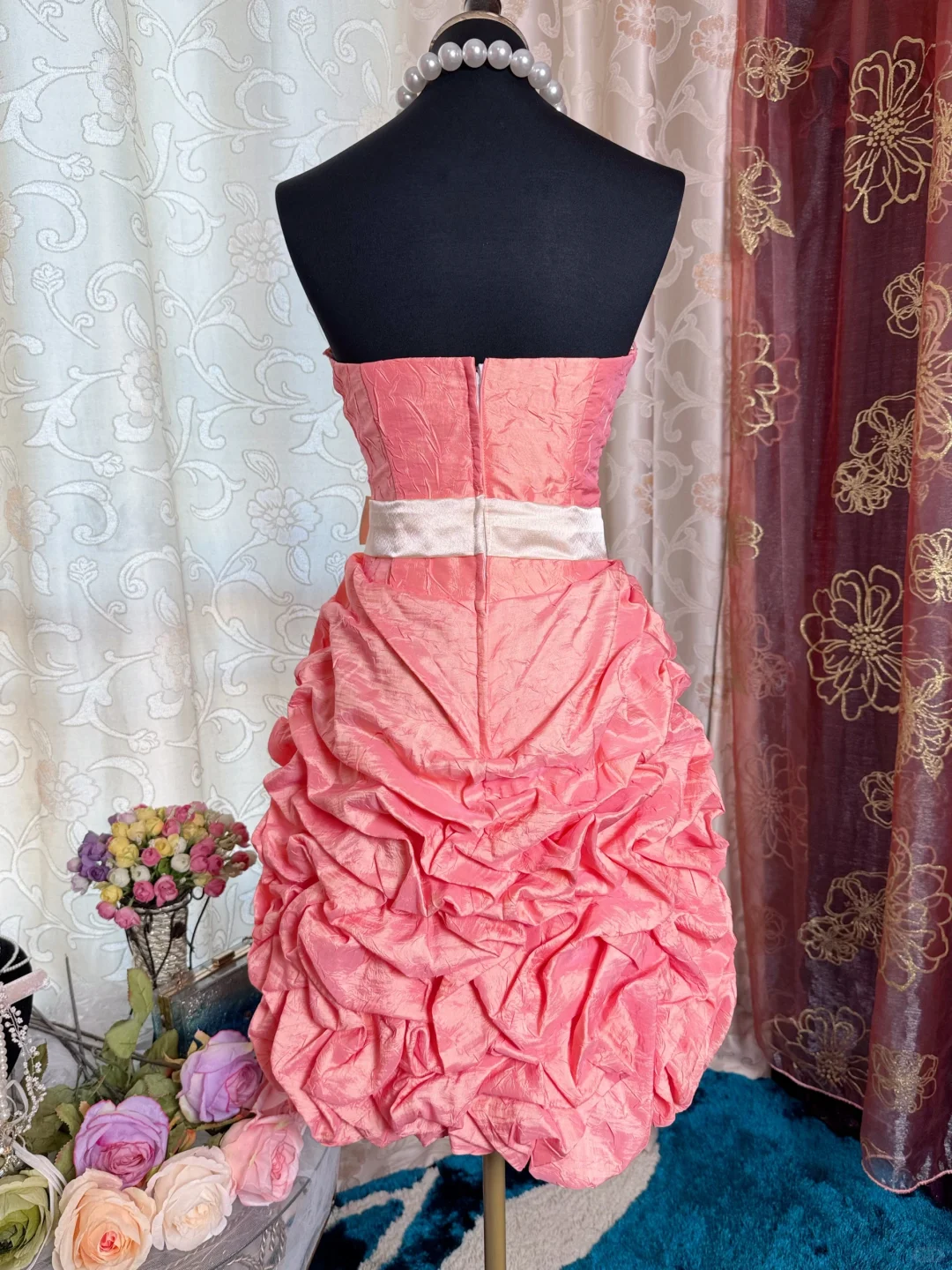 Vintage Strapless Peach Pink Satin Pleated Short Homecoming Dress 20th Birthday Outfits SP84