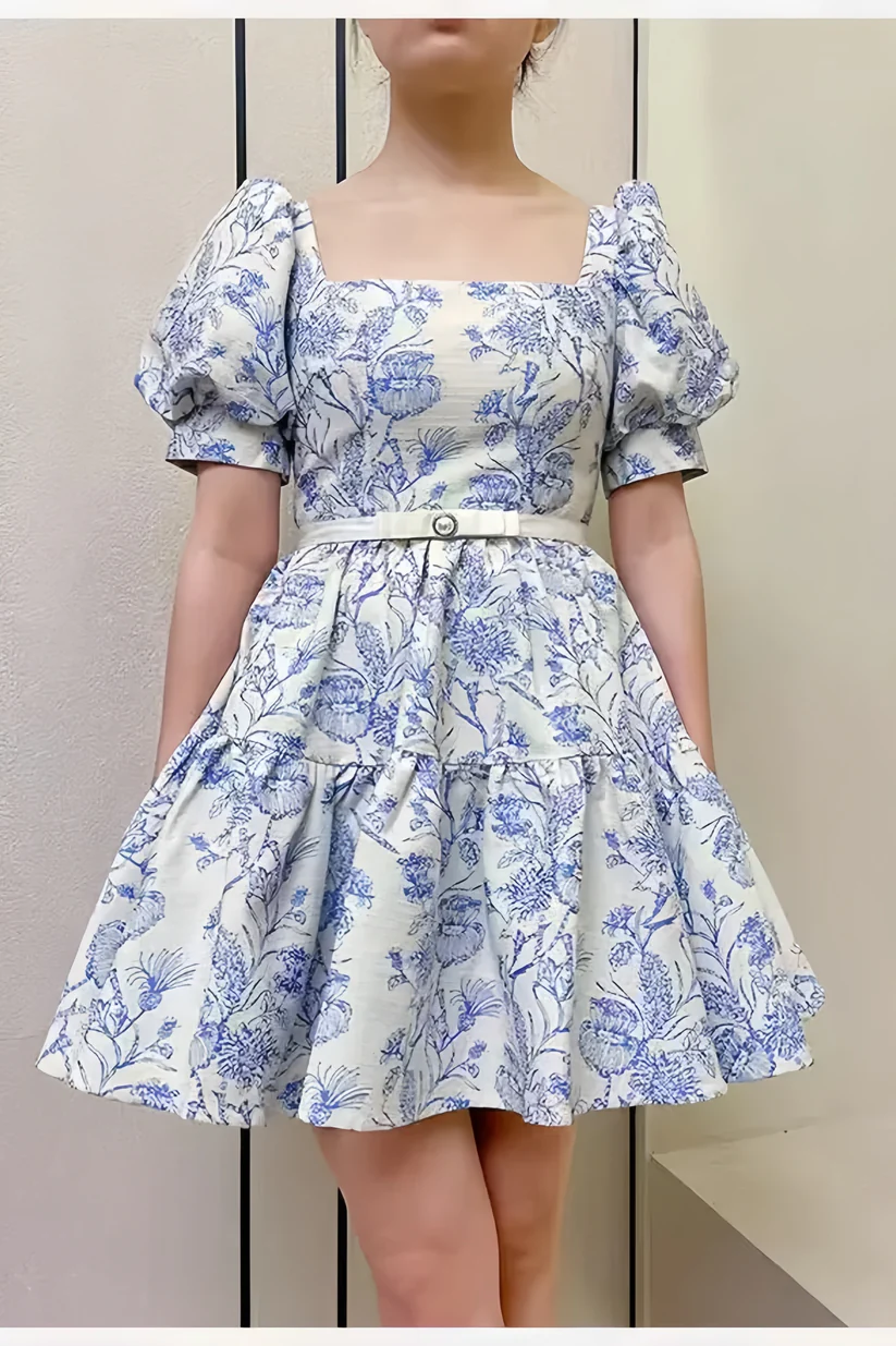 Elegant Blue Satin Print Floral A Line Short Homecoming Dress 18th Birthday Outfits SP140