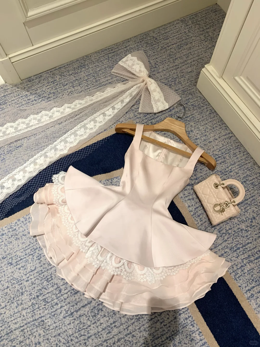 Cute Pink Sleeveless Satin Lace A Line Short Graduation Homecoming Dress Mini Birthday Dress SP2354
