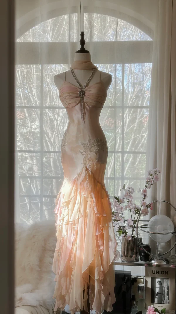 Sweet Mermaid Beaded Ruffles Long Prom Dress,Spaghetti Straps Chiffon Evening Dress Y8757
