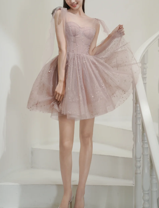Classy Pink Tulle Sequin A Line Short Birthday Outfits Formal 6th Grade Homecoming Dress Y9291