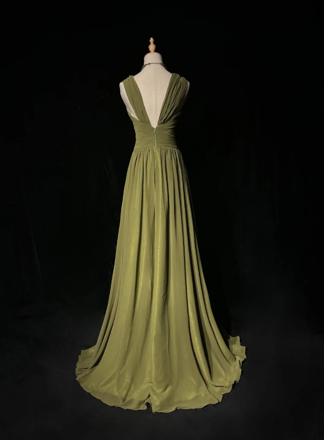Vintage Olive Green Olive Green V Neck Chiffon Pleated Long Evening Dress Birthday Dress SP1958