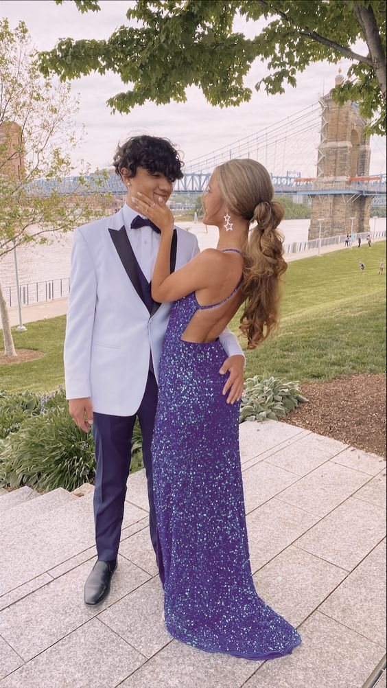 Elegant Purple Sequin Open Back Prom Dress,Purple Formal Gown Y6847
