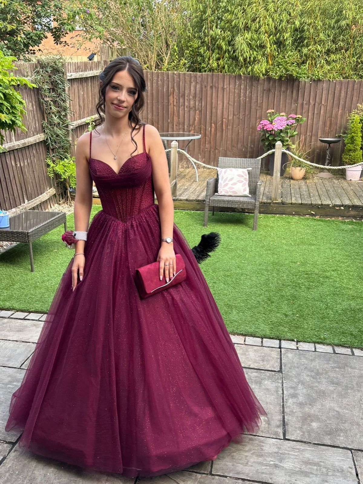 Pretty Burgundy Spaghetti Straps Tulle Beaded A Line Long Wedding Guest Dress Party Dress SP1112