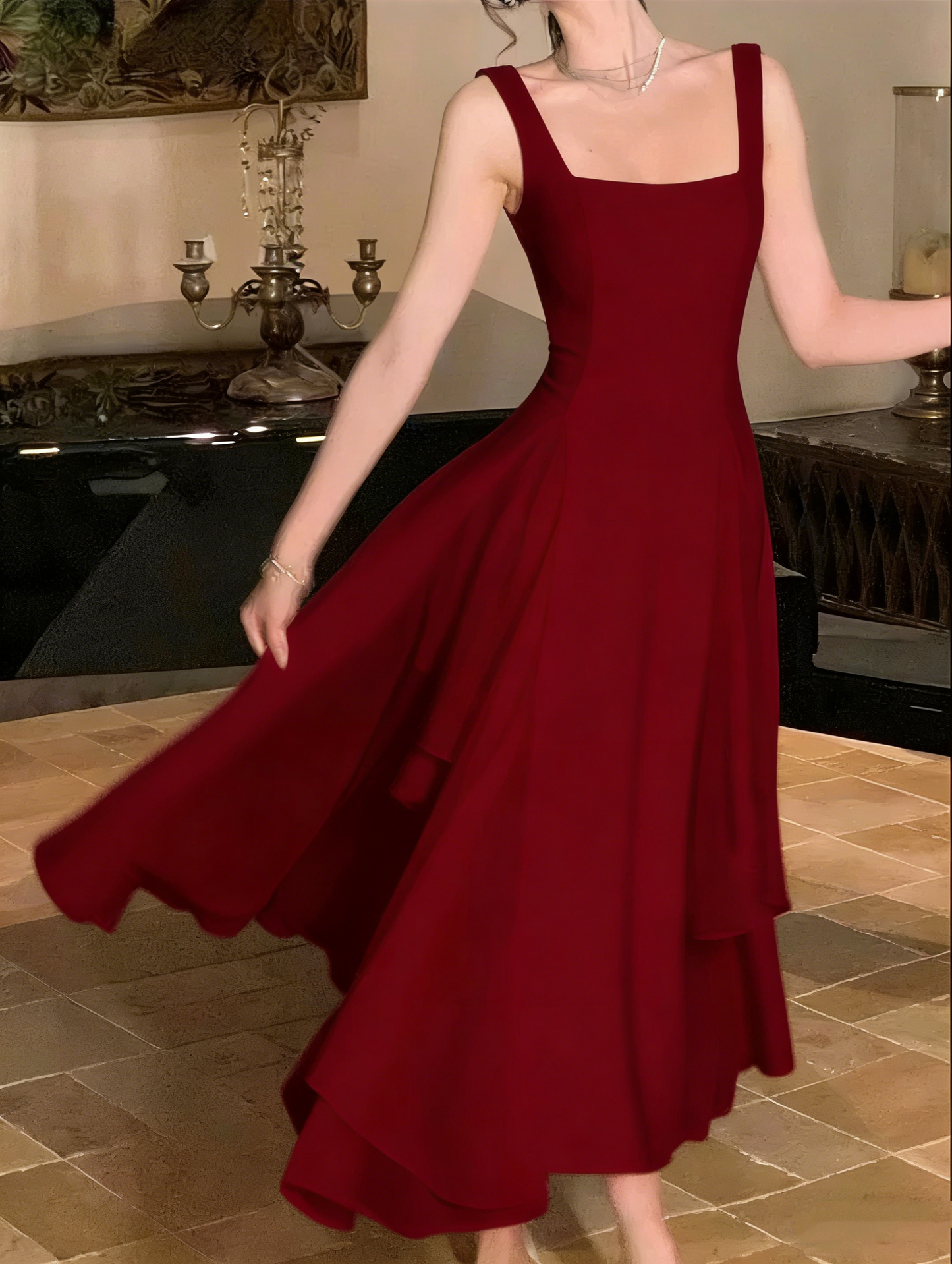 Square Neck White Asymmetric A-Line Long Evening Dress Y2786