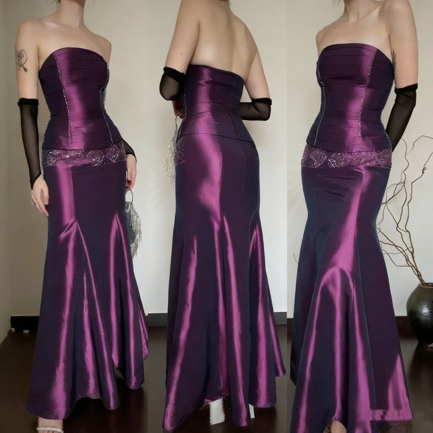 Unique Strapless Purple Satin Mermaid Long Evening Dress Prom Gowns SP1908