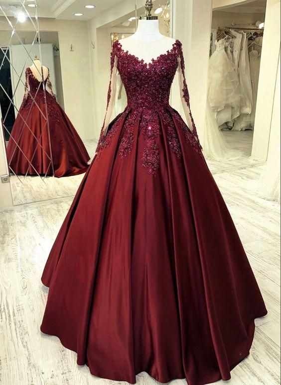 Purple Satin Long Sleeves Prom Dress Formal Dress, Lace Applique Sweet 16 Dress Y1843