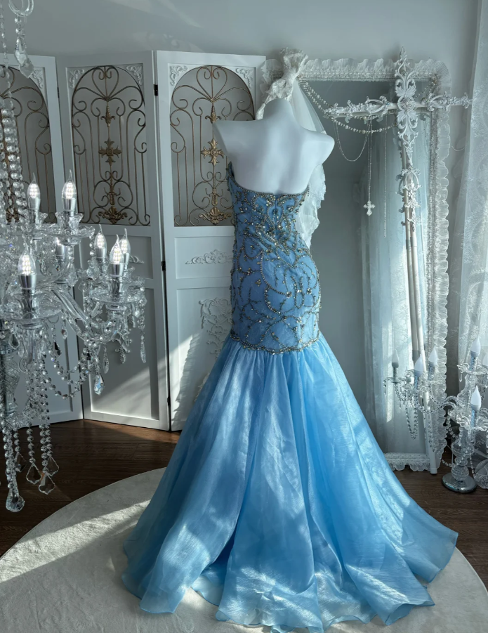 Gorgeous Blue Strapless Tulle Beaded Mermaid Long Party Dress Prom Dress, Formal Wedding Guest Dress SP1456