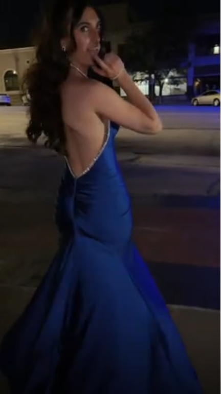 Elegant Blue Backless Party Dress Halter Satin Beaded Memriad Long Evening Dress SP4230