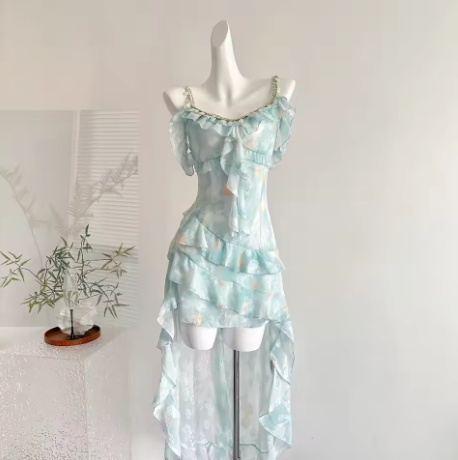 Vintage Chiffon Blue Mini Ruffle Party Dress Prom Gown Y8758