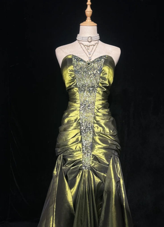 Vintage Strapless Olive Green Satin Pleated Beaded Mermaid Long Wedding Guest Dress Party Dress SP1338