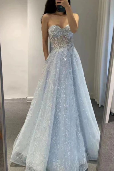 Glitter Blue Sweetheart Tulle Sequins Long Prom Dress,Sexy A-line Evening Dress Y1391